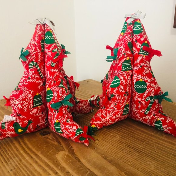 Two Vintage Quilted Fabric 8" Christmas Trees Bows Holiday Table Decor - Picture 1 of 11